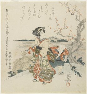 （女の子とショップボーイが梅を見る）、19世紀初頭 作： Utagawa Kunimaru